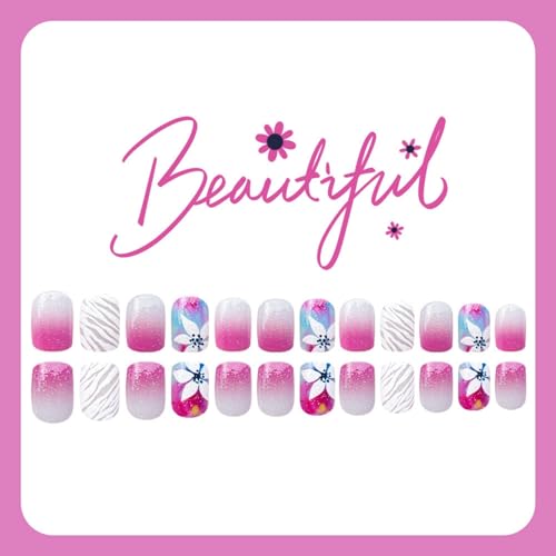 Image of Pink Ombre Press on Nails Glitter Fake Nails Flower Nail Press ons with Stripe Design Glossy Full Cover Short Square Stick on Nail for Women Manicure 24Pcs