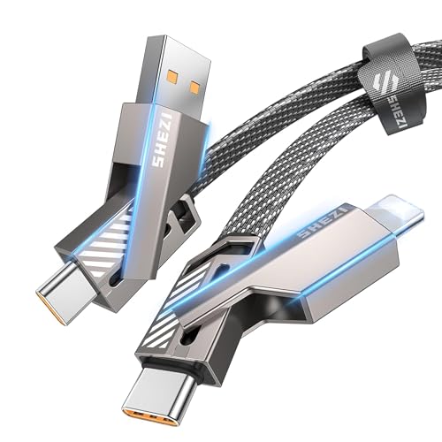 [Upgraded 2.0] SHEZI 4-in-1 USB C Cable 60W 5FT Lightning Cable MFI Certified [Fast Charging & Data Sync] Flat Braided Multi Charger Cord Combo with Lightning/USB C/A Port for iPhone/iPad &All Devices