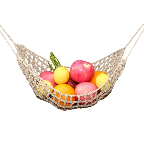 Fruit Hammock for Kitchen Under Cabinet,Large Macrame Fruit Hammock for Kitchen Décor,Storage That Saves Counter For More Counter Space at Home, Boat, or Rv,with 4 Hooks.(nature)