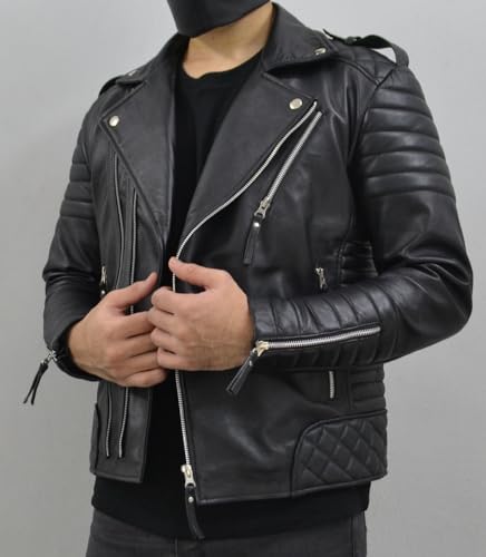 Image of Mens Leather Jacket - Biker Leather Jacket For Men - Lightweight Slim Mens Leather Motorcycle Jackets Black Real Lambskin
