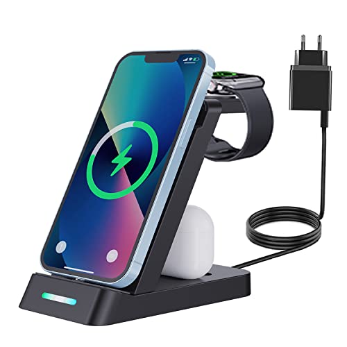 Chargeur Induction,18W 3 en 1 Chargeur sans Fil Compatible avec iPhone 11/12/13/14/Pro/Max/Plus/XS/XR/Mini/Apple Casque 3/2/Pro/Pro 2/Apple Watch 8/7/6/5/4/SE (avec Adaptateur QC3.0) Cover