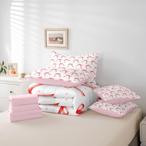 Juego de cama con lazo rojo y ropa de cama de 7 piezas Feelyou para niñas 7