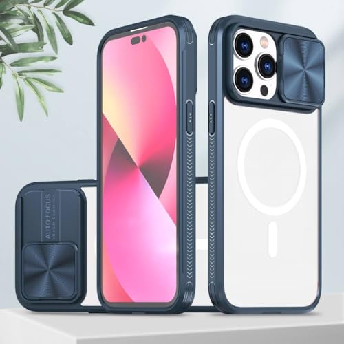 Étui magnétique iPhone 14 Pro avec protecteur de caméra coulissante bleu