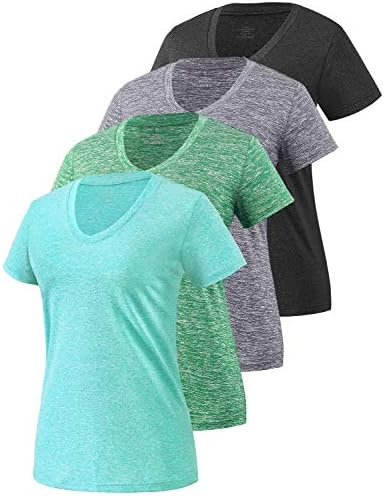 Xelky 3-4 Pack Women's V Neck Tshirt Short Sleeve Moisture Wicking Athletic Shirts Sport Activewear Fitness Workout Gym Tops 4Black/Gray/Cyan/Green L