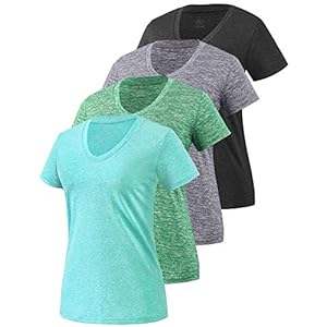 Xelky 3-4 Pack Women’s V Neck Tshirt Short Sleeve Moisture Wicking Athletic Shirts Sport Activewear Fitness Workout Gym Tops 4Black/Gray/Cyan/Green XL