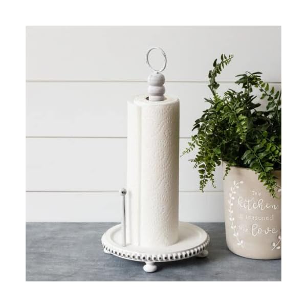New Farmhouse Aged White Beaded Paper Towel Holder Standing Wood Spindle