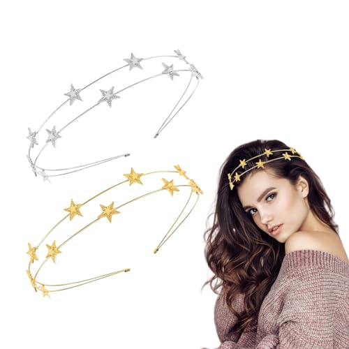 KHDULQ 2 Piezas Diademas de Estrella de Cinco Puntas Diadema Estrella Diademas Niña Dorada Plateada Diadema Elegante Para Boda Fiesta,Fiesta,Navidad Cinta Pelo Niña Diadem Mujer (Estrellas)