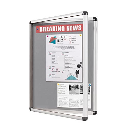 MAKELLO Tablero de visualización bloqueable a prueba de manipulaciones 49 x 37 cm para uso en interiores con 3 teclas a juego, fieltro gris, marco de aluminio Cover