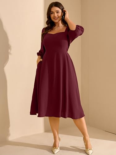 Image of RWJ Plus Size Dress for Women Fall 3 /4 Sleeve Sweetheart Neck Aline Casual Wedding Guest Formal Midi Dresses with Pockets