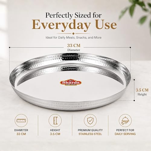 Image of Sharda Metals Stainless Steel Round Hammered Thali Plates | Elegant Mathar Dinner & Lunch Plates | Traditional Indian Serveware for Home & Kitchen, Dining Table, Festive & Diwali Gifting - Set of 6