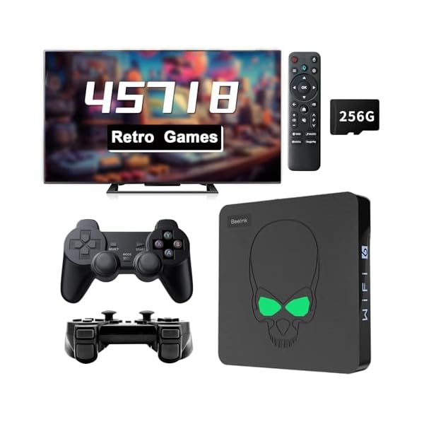 Retro Game Console with 45718 Plug and Play Video Games, 75 Emulator Console All in 1 Video Game Console, EmuELEC 4.6 Game System, Android TV 9, S922X Chip, 4K HD Output, WiFi & BT 4.1, 2 Wireless CTL