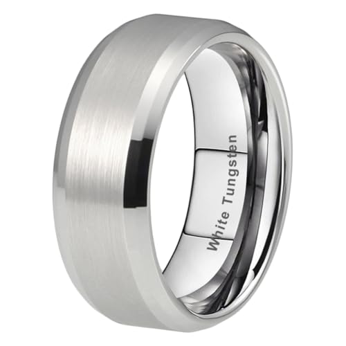 TUTISS 8mm White Tungsten Rings for Men Women Engagement Wedding Bands Fashion Jewelry Brushed Finish Double Beveled Edges Comfort Fit Size 12.5