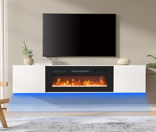 With Electric Fireplace, Media Console For Tvs Up To 80", Wooden Entertainment Center With 36" Fireplace, Tv Shelf Cabinet For Living Room Or Bedroom, Blue Light