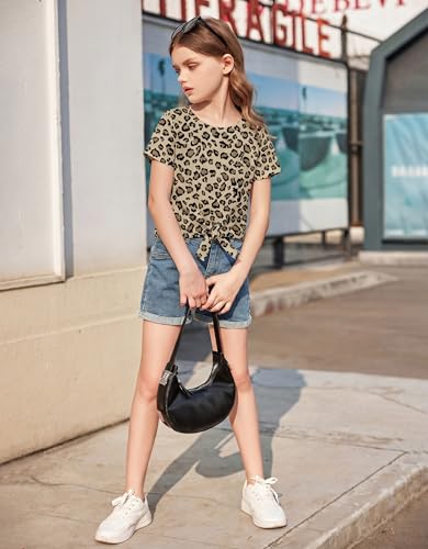 Image of Arshiner Girls Short Sleeve Shirts Tie Knot Front Tops T Shirts for Kids Crewneck Cute Casual Tie Dye Tee Blouse