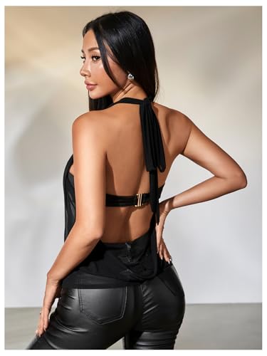 MakeMeChic Women's Mesh Tie Open Back Halter Tops Draped Y2k Tank with Metal Ring Bendeau Bra2