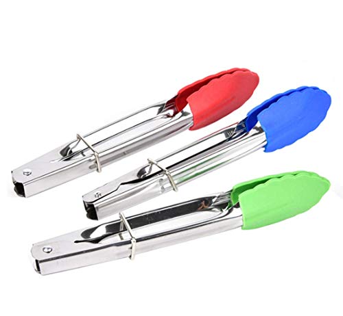 3 Stück 17,8 cm Edelstahlzange mit Silikonspitzen, Mini-Küchenzange, Servierzange, Kochzange, Spatel für Salat, Grillen, Kochen und mehr (rot, grün, blau) Cover