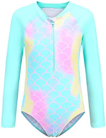 Girls One Piece Bathing Suits Long Sleeve Zipper Swimsuits UPF 50+/Sun Protection Rash Guard Mermaid Size 7