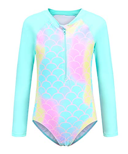 Image of Girls Rash Guard Long Sleeve One Piece Swimsuits Stripes Zipper Bathing Suits UPF 50+ /Sun Protection