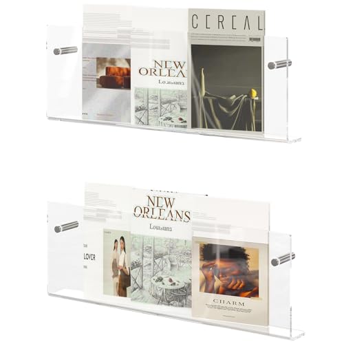DOHWSK Acrylic Magazine Holder, 2 Pack Hanging Bookshelf Magazine Rack, Wall Mounted Floating Brochure Display for Waiting Room, Office, Home (Clear, 17 Inch)