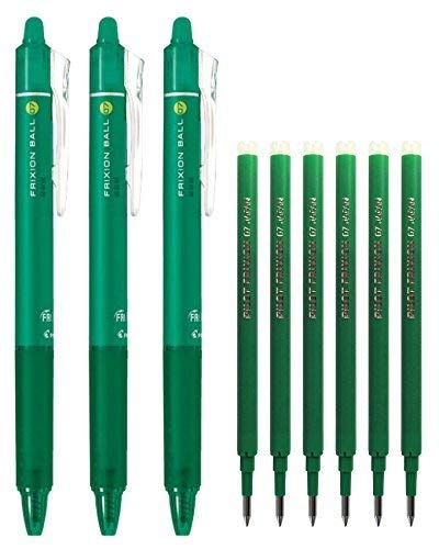 Pilot FriXion Ball Knock Retractable Erasable Gel Ink Pens, Extra Fine Point 0.7mm, Green Ink, 3 Pens & 6 Refills Value Set