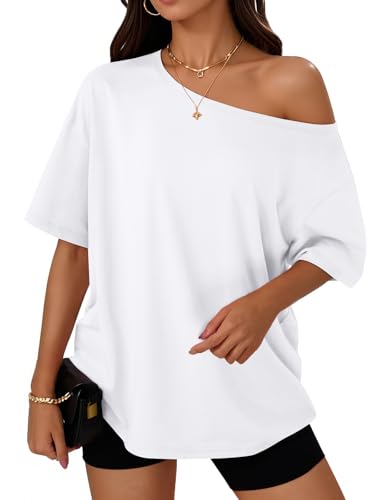 Trendy Queen Womens Off the Shoulder Tops Oversized T-Shirts Short Sleeve Tees Summer 2026 Casual Spring Clothes Workout Gym Y2k Cute Going Out Plus Size Fashion Clothing White L