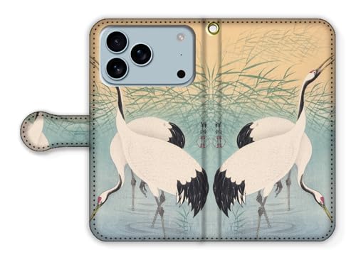 手帳型 iPhone17 Pro Max互換 スマホケース 【世界の名画】 小原古邨 ☆日本画☆ 浮世絵 版画 肉筆画 アート 絵画 芸術 日本 和 和風 和柄 伝統 (二羽の丹頂鶴)