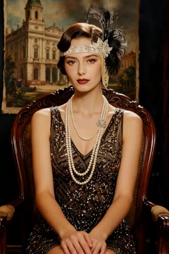 BABEYOND Nakrycie głowy Wielkiego Gatsby'ego z lat 20. - opaska na głowę z piórami ze złotymi frędzlami na karnawał, bal i wesele, czarna