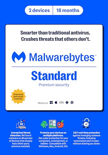 Malwarebytes Standard, Premium Software | Amazon Exclusive | 2 Devices, 18 Months (Windows, Mac OS, Android, Apple iOS, Chrome) [software_key_card]