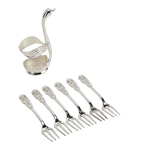 Swan Base Holder Forks Set Aluminum Silver Fashion Rustproof Decorative Swan Base Holder with 6 Forks for Fruits