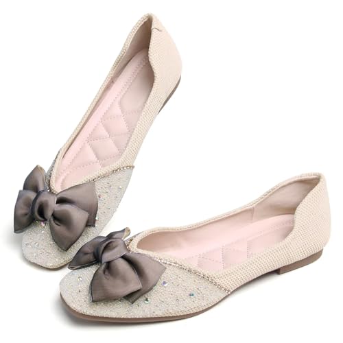 Image of SAILING LU Women's Rhinestone Square Toe Bowknots Ballet Flats Loafers