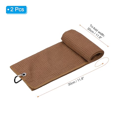 PATIKIL 12"x12" Tri-Fold Golf Towels, 2 Pack Waffle Pattern Towels Soft Fiber Strong Water Absorption with D Clip for Golf Lovers Brown - Image 2