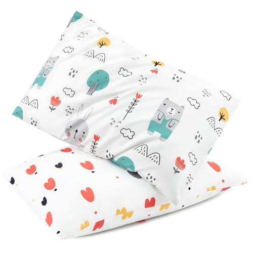 Image of TILLYOU Toddler Pillowcase 2 Pack with Envelope Closure,Silky Soft Microfiber 13 inch x 18 inch Kids Travel Pillow Cases,Bib Bear & Colorful Love