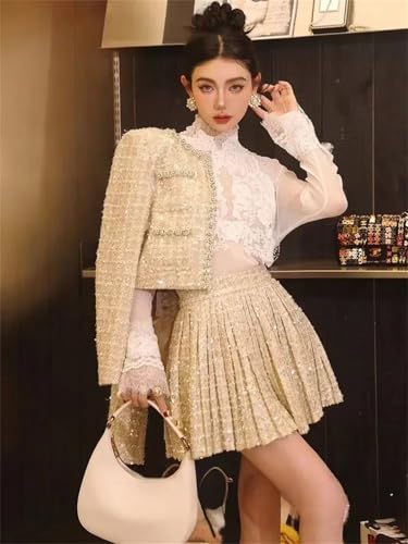 Womens Small Fragrance Beading Tweed Pearls Short Jacket Coat + Mini Pleated Skirt Suit Two Piece Sets Outifits2