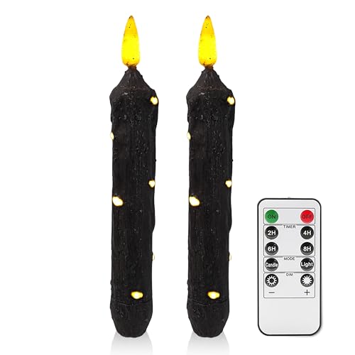 Image of NjaoHoo 6.5 Inches Primitive Real Wax LED Flameless Short Candlesticks Hand Dipped Battery Operated Candles with Timer Remote Candles for Halloween Vintage Rustic Home Decor, Pack of 2(Black)