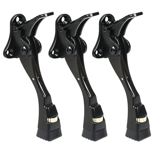 3 Packs Heavy Duty Kickdown Door Stopper, One Touch Adjustable Kickdown Door Stop for Heavy Doors, 4 in Metal Door Kickstand with Rubber Tip & Wall Protectors for Wide Doors- Black