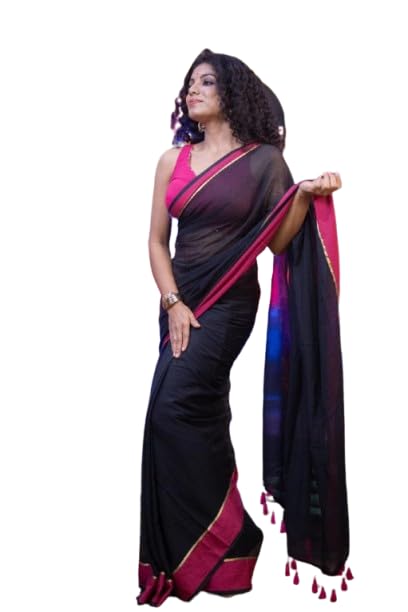 Image of Sudip callection Handloom Mul Cotton Saree for Women - Bottle Green with Pink Border Golden Zari Line & Tassel Pallu