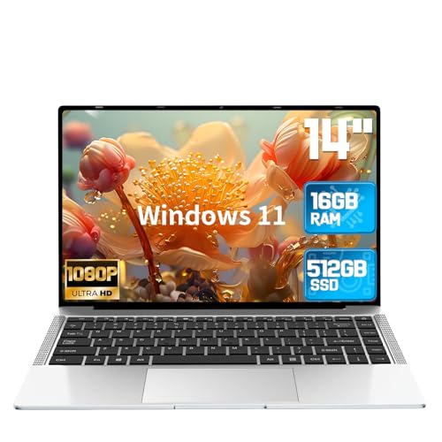 Image of 14 Inch Laptop Computer, 16GB DDR4 RAM, 512GB SSD Compatible with Windows 11 Laptop, Quad Core Processor(up to 2.8GHz), FHD 1920 x 1080 Display, Webcam, Wi-Fi, BT5.2, HDMI, USB, Silver