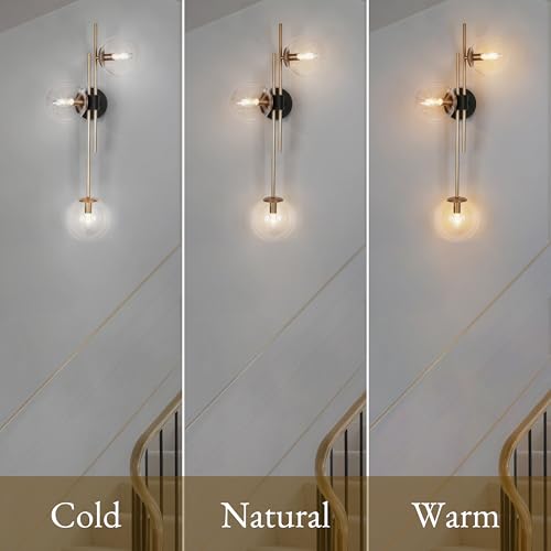 Image of KSANA Bathroom Light Fixtures Over Mirror, Black Gold Vanity Lights for Bathroom with Clear Glass Shade, 3-Light Modern Indoor Sconces Wall Lighting for Bedroom, Hallway, Stairway