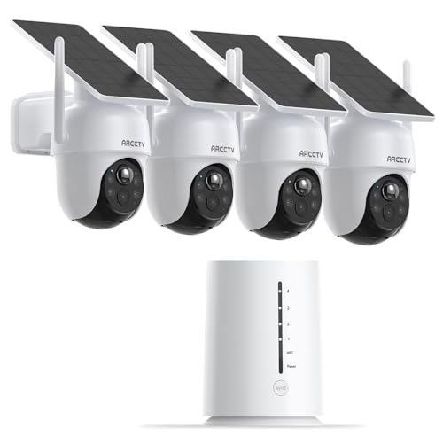ARCCTV Set telecamera di sorveglianza esterna 4MP, telecamera solare Wi-Fi per esterni, senza abbonamento, sorveglianza umana, 4 telecamere con stazione base, con scheda di memoria da 64 GB
