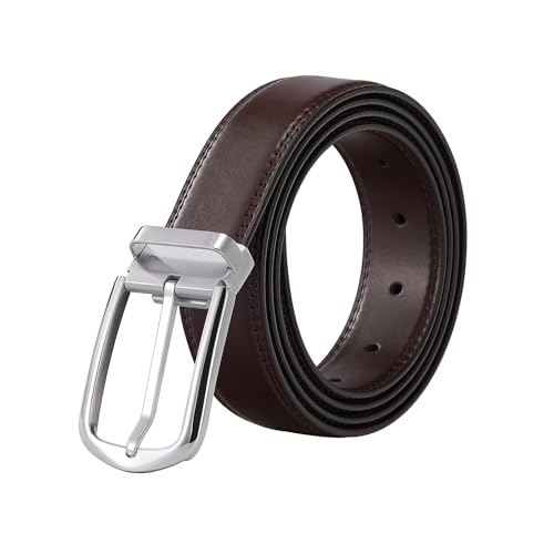 DOSHI Vegan Leather Belt for Men Forward Professional Cut-to-Fit Dress Belt Brushed Silver SS Buckle Adjustable Fit 2844 (Brown)