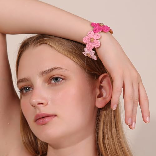 Raffia Flower Cuff Bracelet for Women, Floral Chunky Bangle Wide Open Cuff Statement Bracelet3
