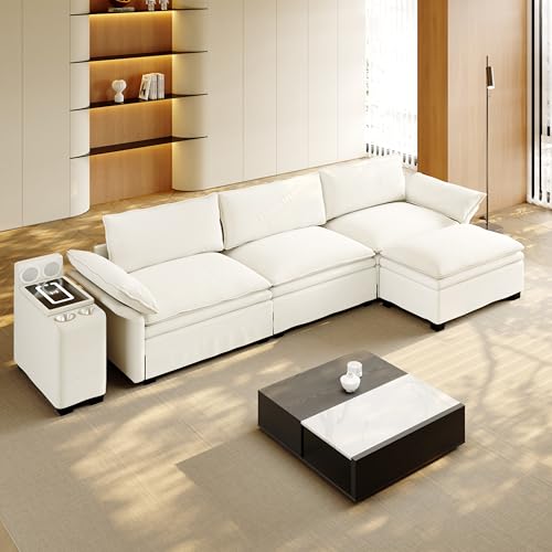 Sofá modular en L de 315 cm con otomano, chenilla Cloud sofá con espacio de almacenamiento, carga inalámbrica, altavoz Bluetooth, luz ambiental y 2 soportes para bebidas, 4 plazas para salón y oficina