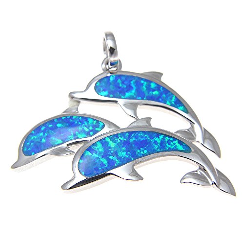 Arthur's Jewelry 925 Sterling silver Hawaiian triple 3 dolphin blue synthetic opal pendant charm