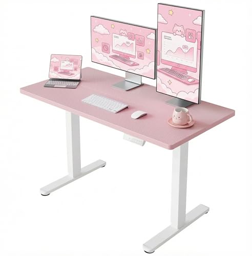Image of HUANUO Electric Standing Desk,48 inch x 24 inch Height Adjustable Desk, 4 Memory Height Settings, Sit to Stand Up Desk for Home Office, with Headphone Hook, Cable Manager, Pink