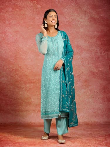 Image of Libas Embroidered Georgette Straight Kurta With Trouser and Dupatta
