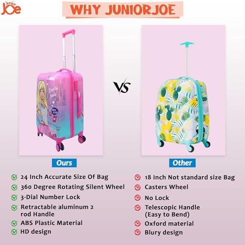 Image of JUNIOR JOE Polycarbonate 24 Inch Kids Suitcase With 4 Wheel Travel Trolley Bag (4 Day Trip, Lignt Pink (Large - 24 Inch), Hard, Spinner)