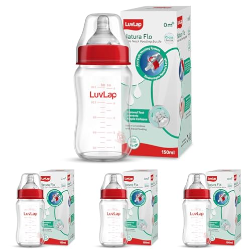 Image of LuvLap Natura Flo Wide Neck Glass Feeding Bottle, New Born /Infants /Toddler Upto 3 Years, BPA Free, Ergonomic Shape is Easy to Hold, with Anti Colic Nipple, 150ml (Pack of 4)