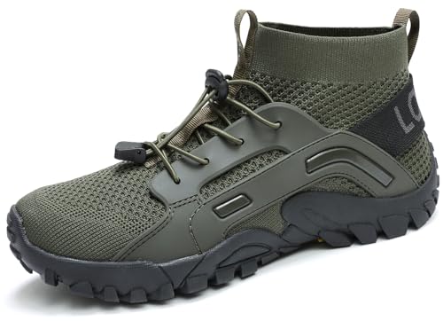 LOUECHY Men's Hiking Shoes Slip-On Walking Shoes Breathable Sock Sneakers 8305-47 Olive Green-12