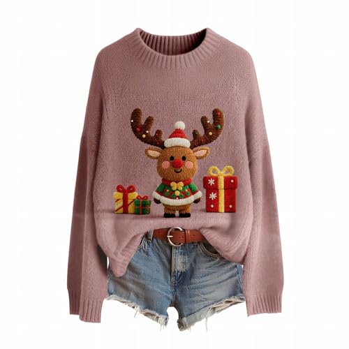 Christmas Jumpers for Women Fashion 3D Print Womens Knitted Jumpers Long Sleeves Ladies Xmas Sweaters Winter Warm Fleece Pullover Sweaters Soft Comfortable Crew Neck Jumper Oversized Sweatshirts