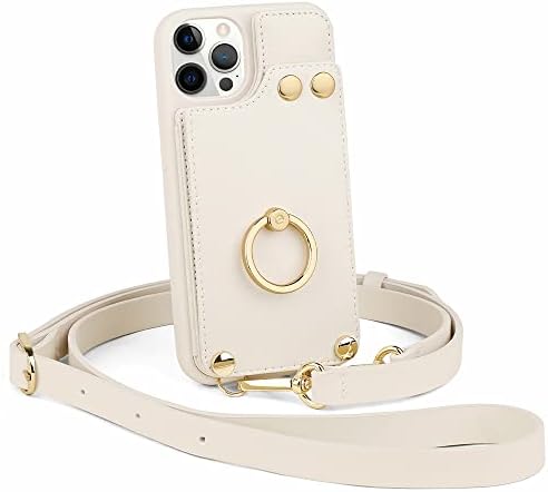 LAMEEKU Magsafe Wallet Case Crossbody Leather Case with Card Holder 360°Rotation Ring Kickstand with Mirror for Apple iPhone 12 Pro/ 12 6.1'' Beige